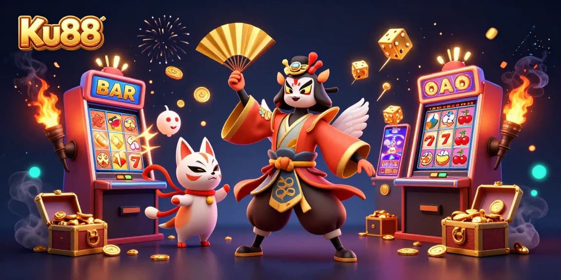 Experience thrilling wins with Ku88 at a vibrant casino scene full of cartoon characters and slot machines.
