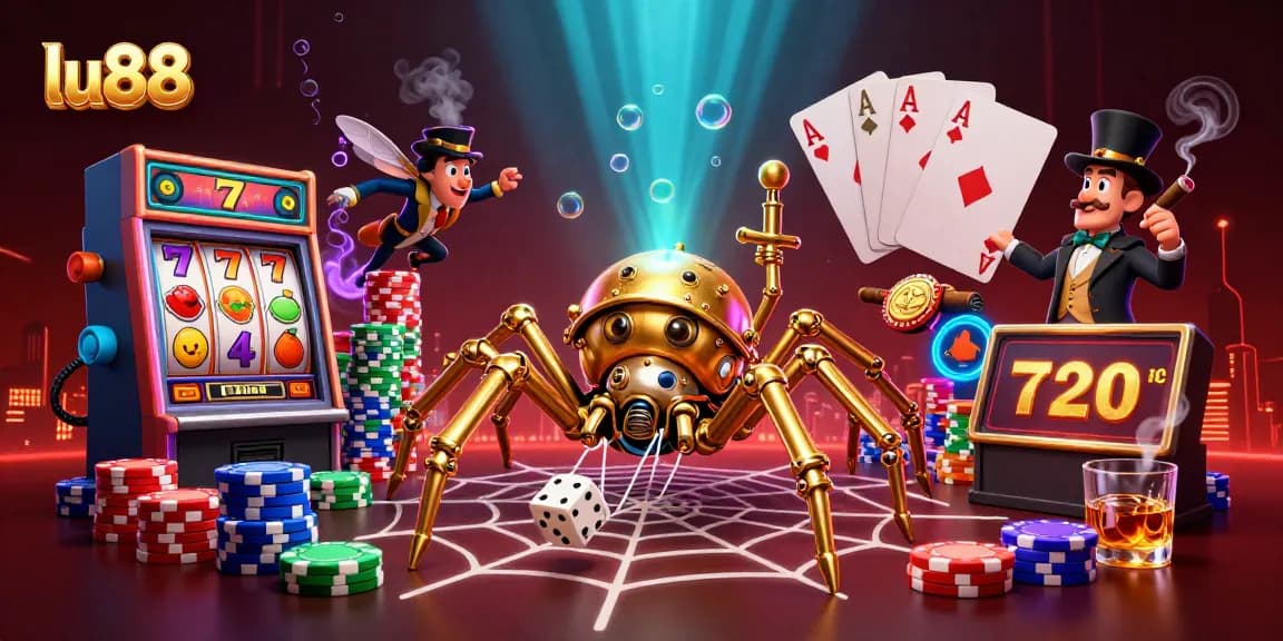 Engage with exciting slots and gaming action at lu88 in this dynamic casino illustration.