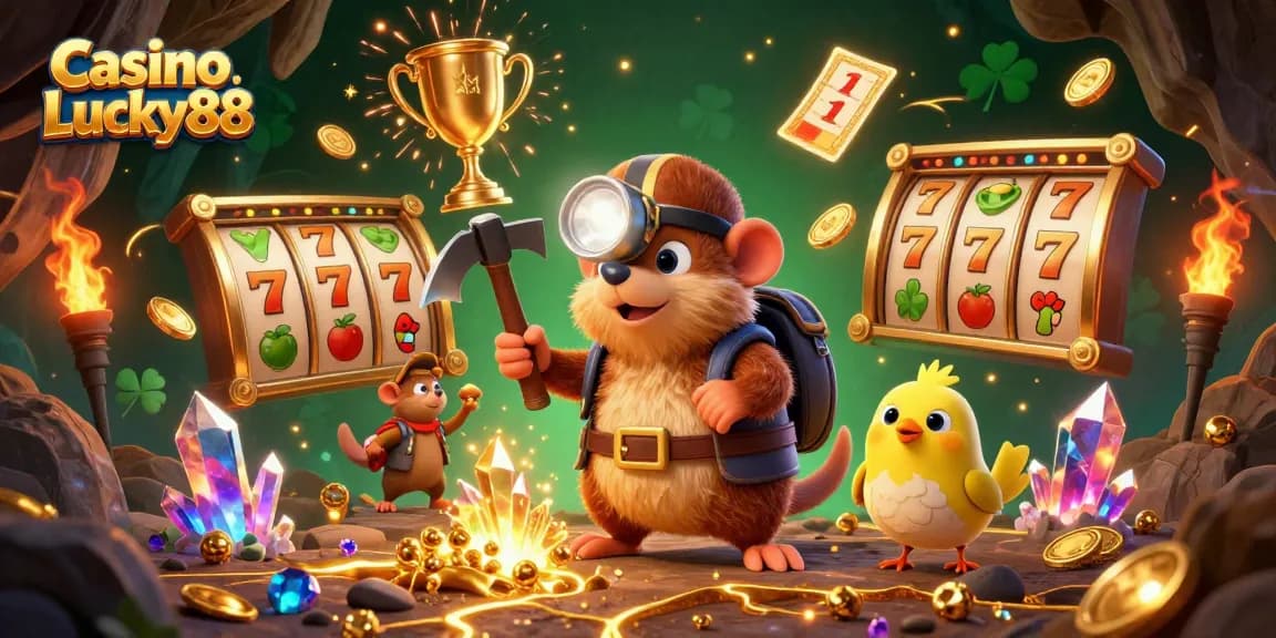 Experience thrills at Casino Lucky88 with a vibrant illustration of a treasure hunter and canary amidst slot gaming elements.