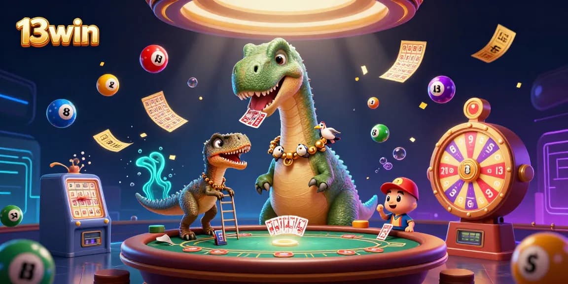 Experience the thrill of 13win as a giant brontosaurus oversees a poker game, showcasing exciting lottery elements.