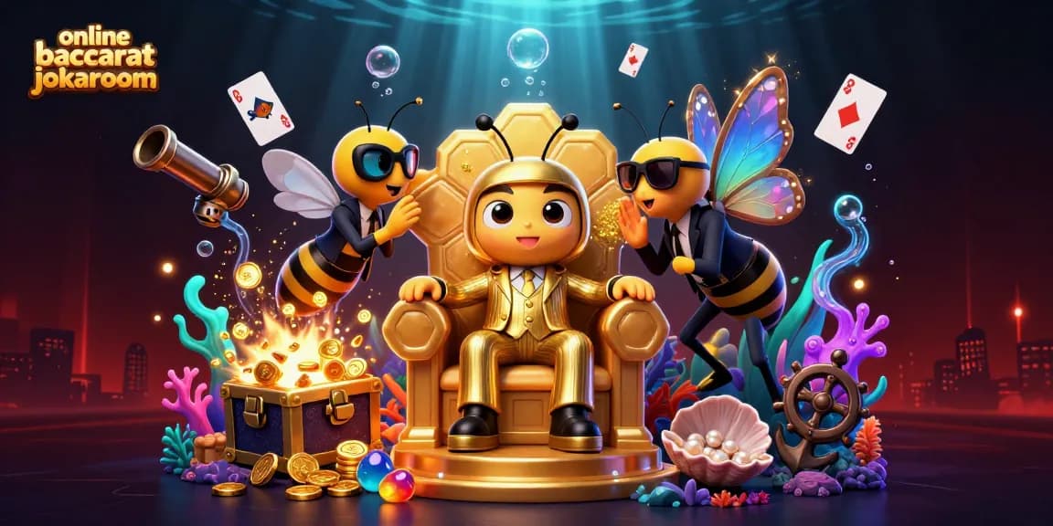 Play online baccarat jokaroom with a boss bee and entertaining characters in a vibrant casino scene.
