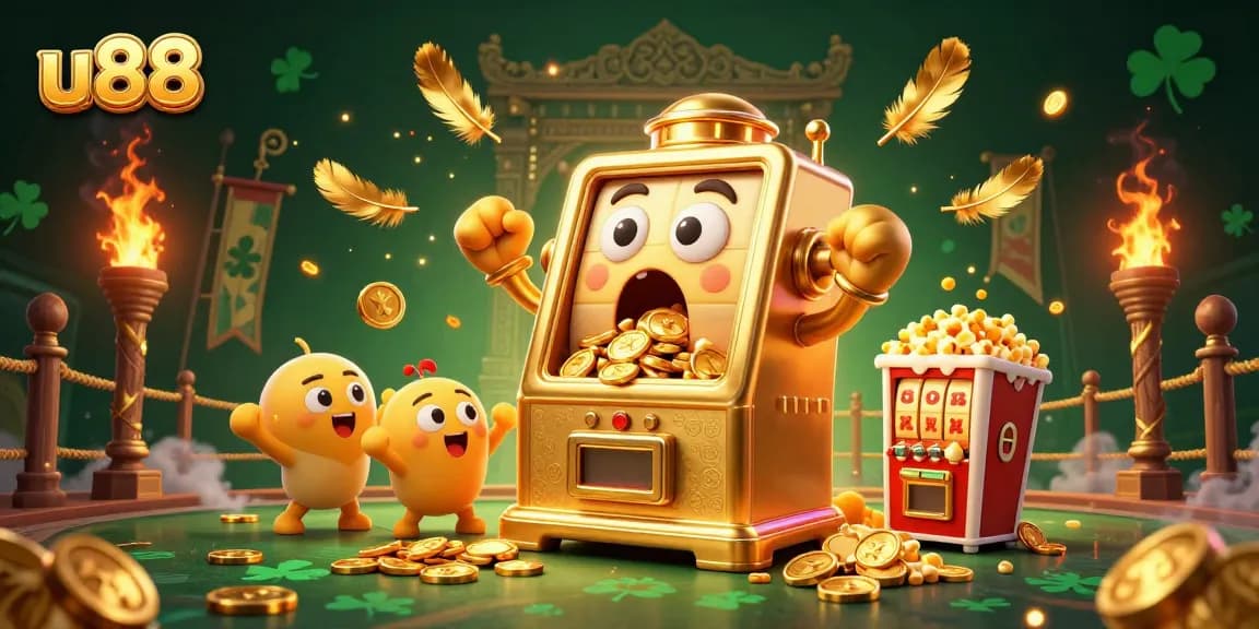 Witness the u88 slot machine hitting the jackpot amid vibrant casino elements and cheer from baby machines.