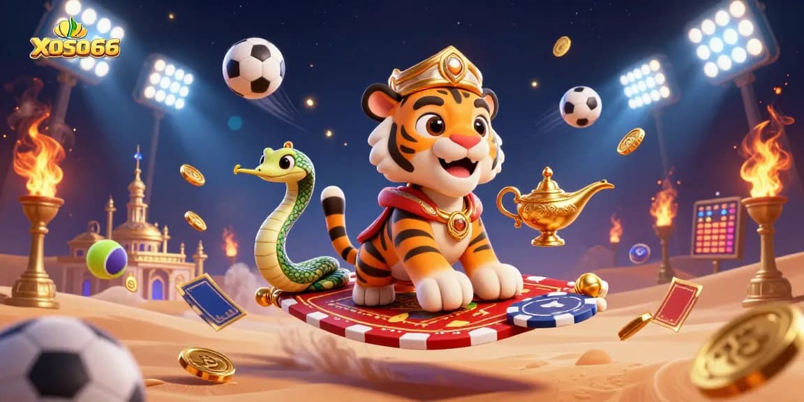 xoso66 showcases vibrant sports elements in a 3D Arabian Nights-themed casino scene.