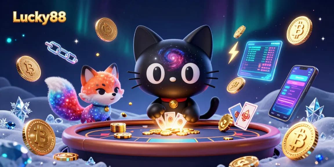 Experience thrilling gameplay at Lucky88 with a cosmic cat, surrounded by vibrant currencies and dynamic casino elements.
