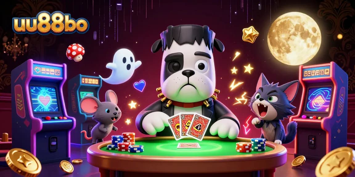 Play exciting card games at uu88bo with a 3D cartoon Frankenstein bulldog dealer amid ghostly chips and energetic elements.