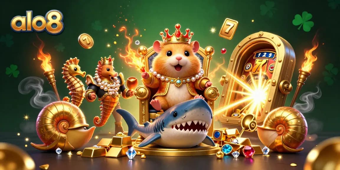 Experience the thrill of casino gaming with Alo8’s dynamic scene featuring a golden hamster king and royal treasures.