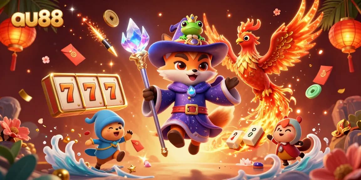 Experience thrilling slots and jackpots with au88 in this vibrant 3D casino scene.