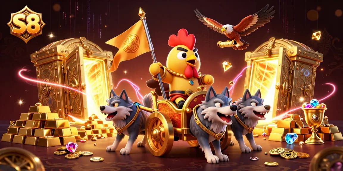 S8 players enjoy thrilling games with a cartoon rooster warlord riding a golden chariot, evoking casino excitement