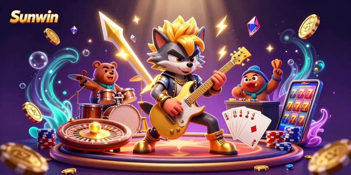 Experience the thrill of gaming at Sunwin with a vibrant casino scene filled with golden coins and lucky symbols.