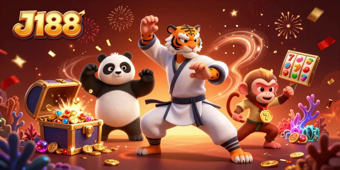 Catch the excitement at J188 with a playful tiger master, while treasures and slot symbols abound!