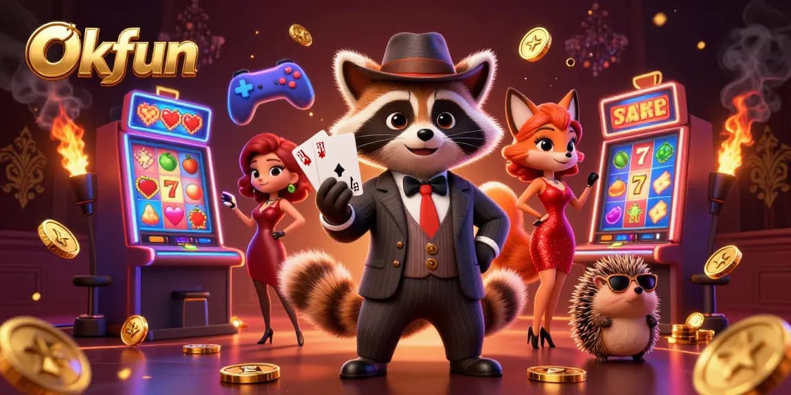 Win big at Okfun with exciting slot games and charming characters in a vibrant casino setting.