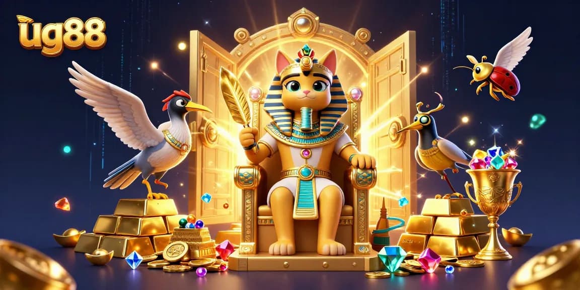 Play big with ug88 as a cartoon pharaoh cat rules the casino throne, gold spilling everywhere!
