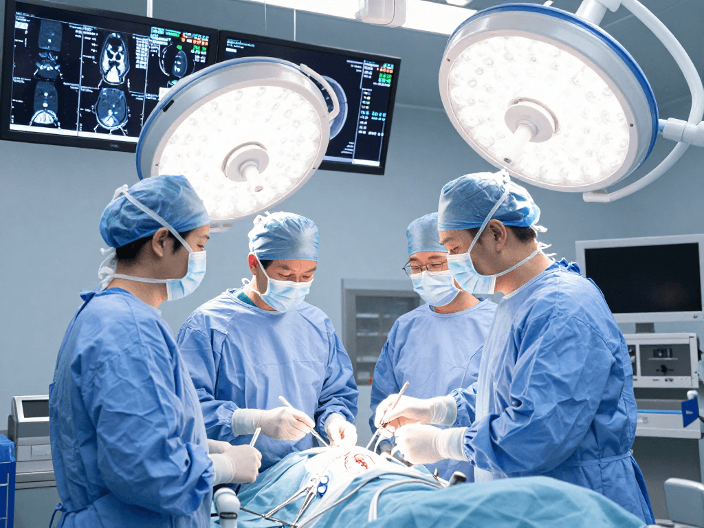 Brain tumor surgery specialist operating with a surgical team in a modern surgery room.