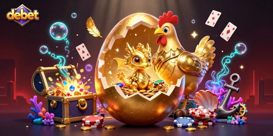 Engage with debet casino action as a golden dragon emerges from an egg, surrounded by vibrant gaming elements.