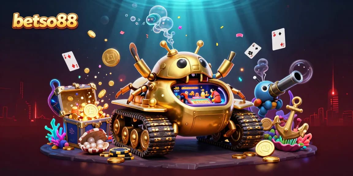 Betso88's vibrant 3D tank casino bursting with gems and coins, showcasing engaging gambling action.