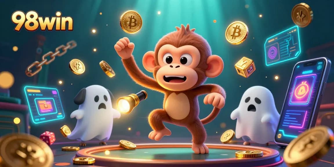 Track the mischievous poltergeist monkey at the haunted casino with 98win's exciting gaming elements.