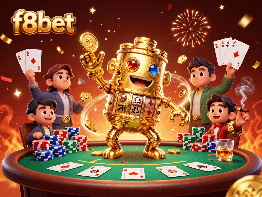 Join the excitement at f8bet with a vibrant poker scene featuring a golden golem and treasures.