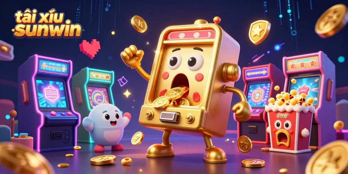 Experience tài xỉu sunwin with a lively scene of a golden slot machine hitting a jackpot amidst cheering mini machines and arcade games.