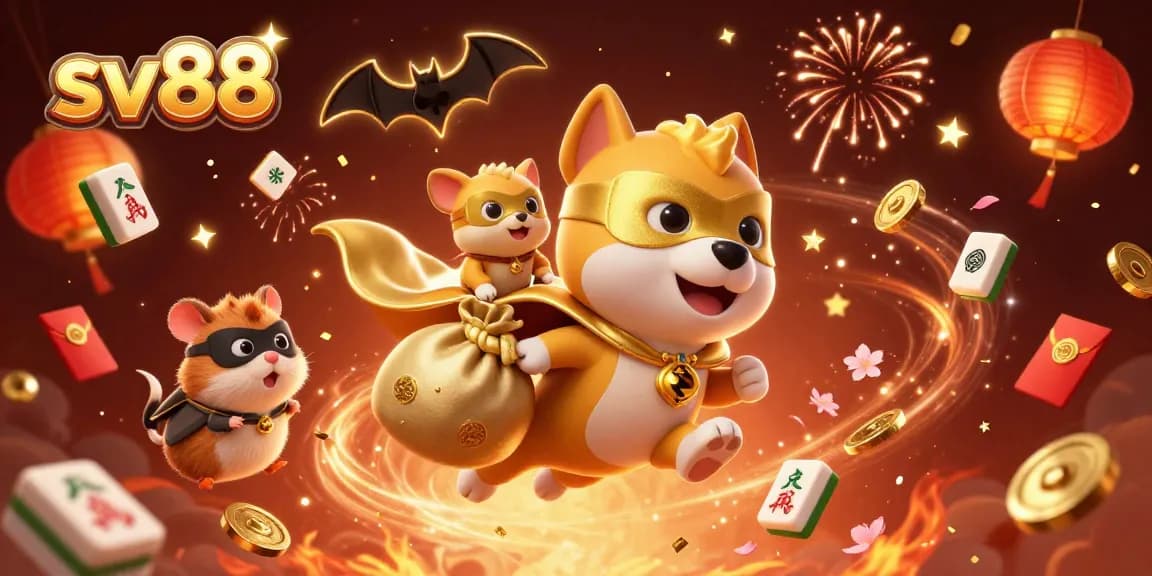 Bettors celebrate their wins at sv88 with a superhero dog and hamster in a vibrant 3D scene.