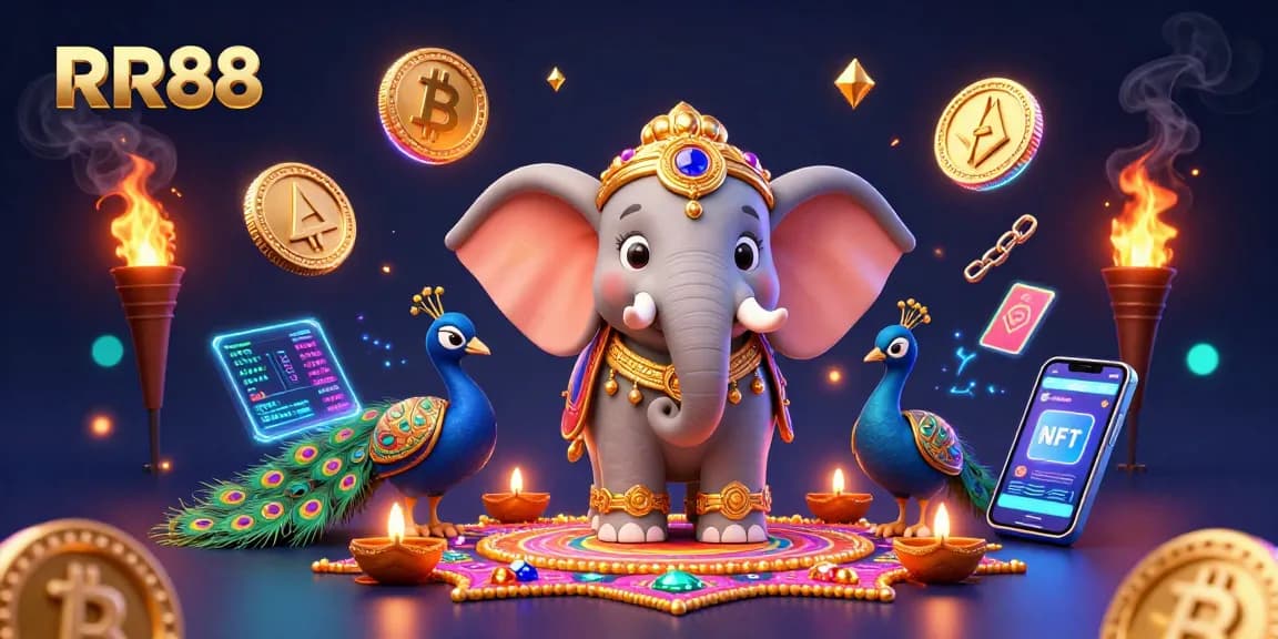 Experience thrilling wins at RR88 with vibrant 3D elements symbolizing casino excitement and crypto innovation.