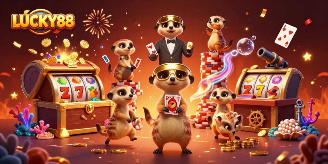 Experience big wins in LUCKY88 with a vibrant cartoon scene of meerkats running a bustling casino.