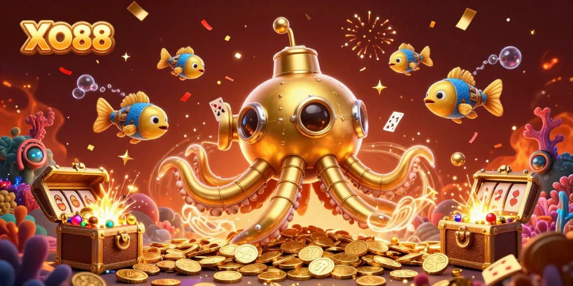 Experience thrilling gameplay at XO88 with a gold kraken submarine amidst underwater treasures and casino elements.