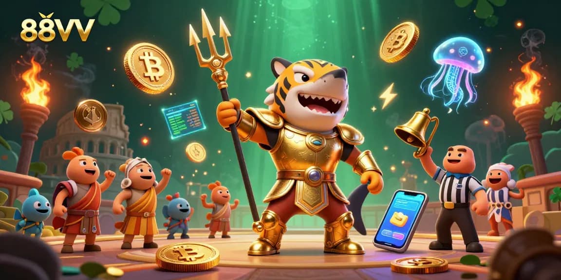 Engage in thrilling games at 88VV, featuring a fierce shark in gladiator armor surrounded by vibrant underwater casino elements.