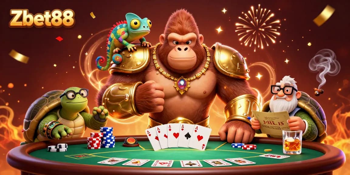 Engage with Zbet88 in a vibrant 3D cartoon casino scene with thematic characters and gaming elements.