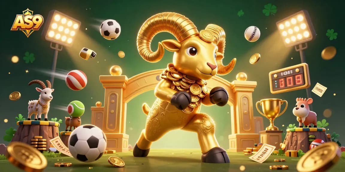 AS9 showcases a dynamic 3D casino scene packed with sports balls, golden ram, and betting slips