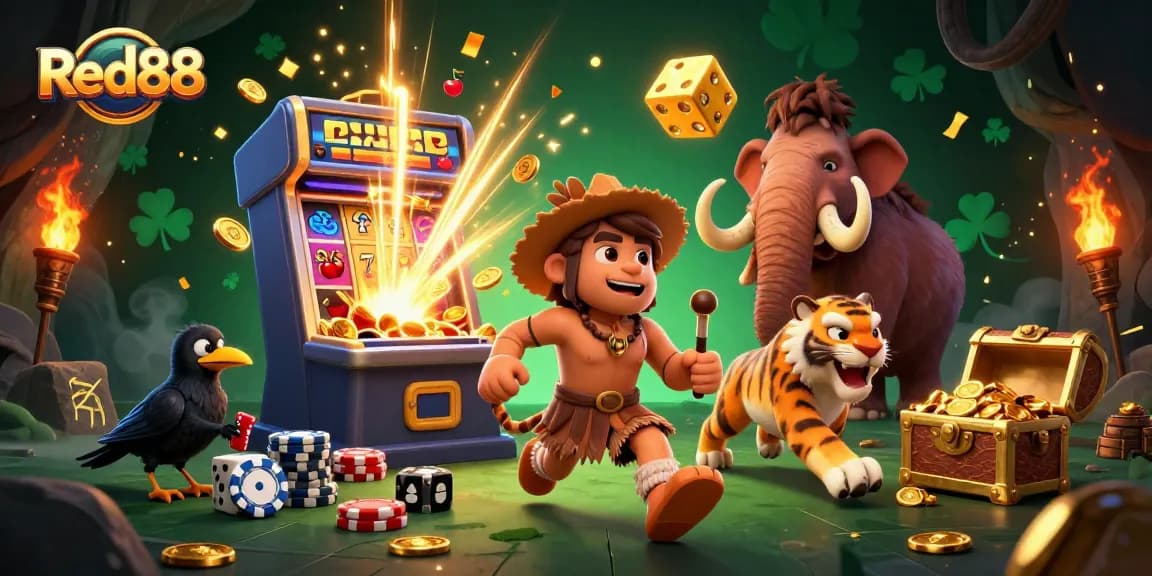 Experience the excitement at Red88 with a captivating prehistoric casino scene featuring vibrant characters and dynamic game elements.