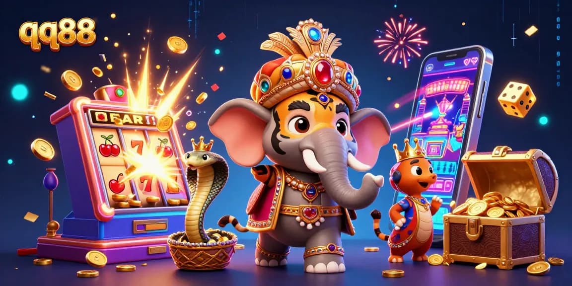 Experience the thrill of qq88 with vibrant casino games in a dynamic 3D illustration featuring a majestic maharaja and slot machines.