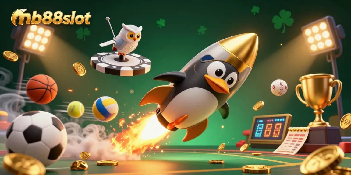 Discover thrilling betting adventures with mb88slot, featuring a golden penguin and dynamic casino elements.