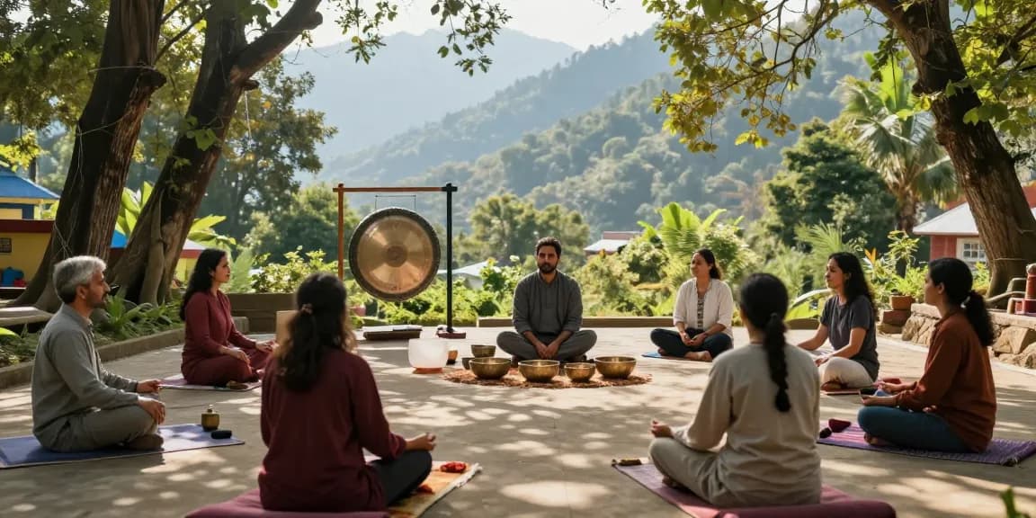 Sound healing course in Rishikesh India with instructor guiding meditation using Tibetan singing bowls amidst serene nature.