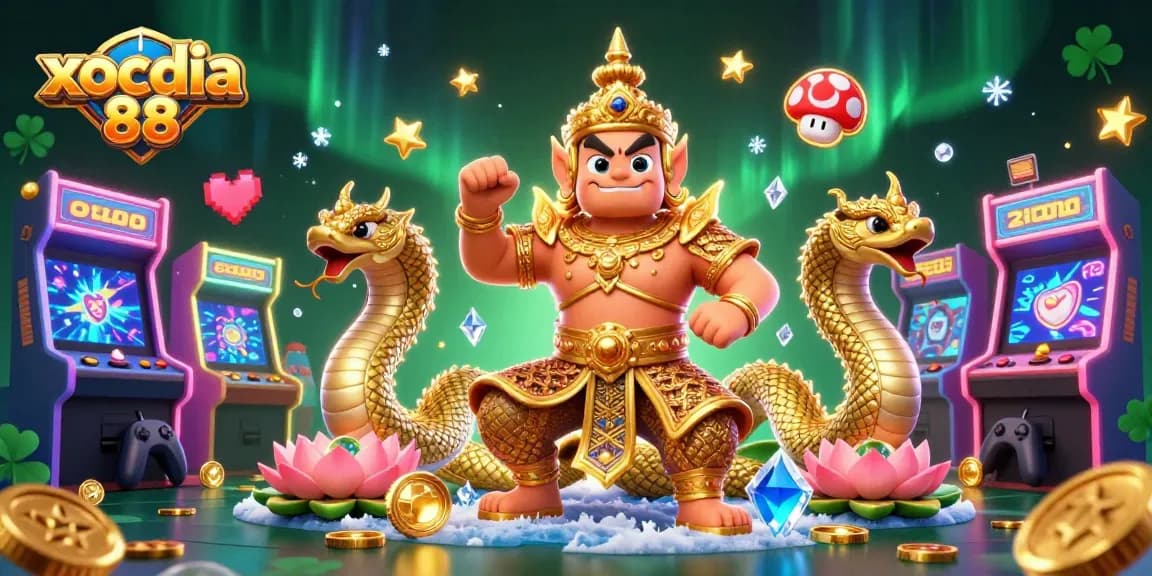 Xocdia 88 brings thrilling gaming action to life with vibrant 3D illustrations of temple guardians and dynamic gaming elements.