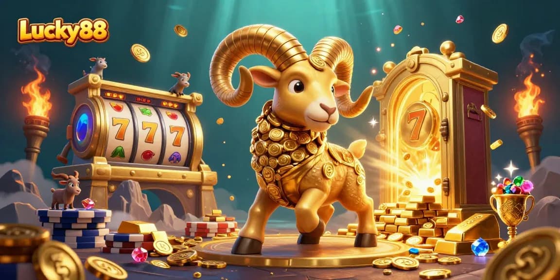 Experience thrilling gameplay with Lucky88's massive golden ram and vibrant slot game elements filled with treasure.