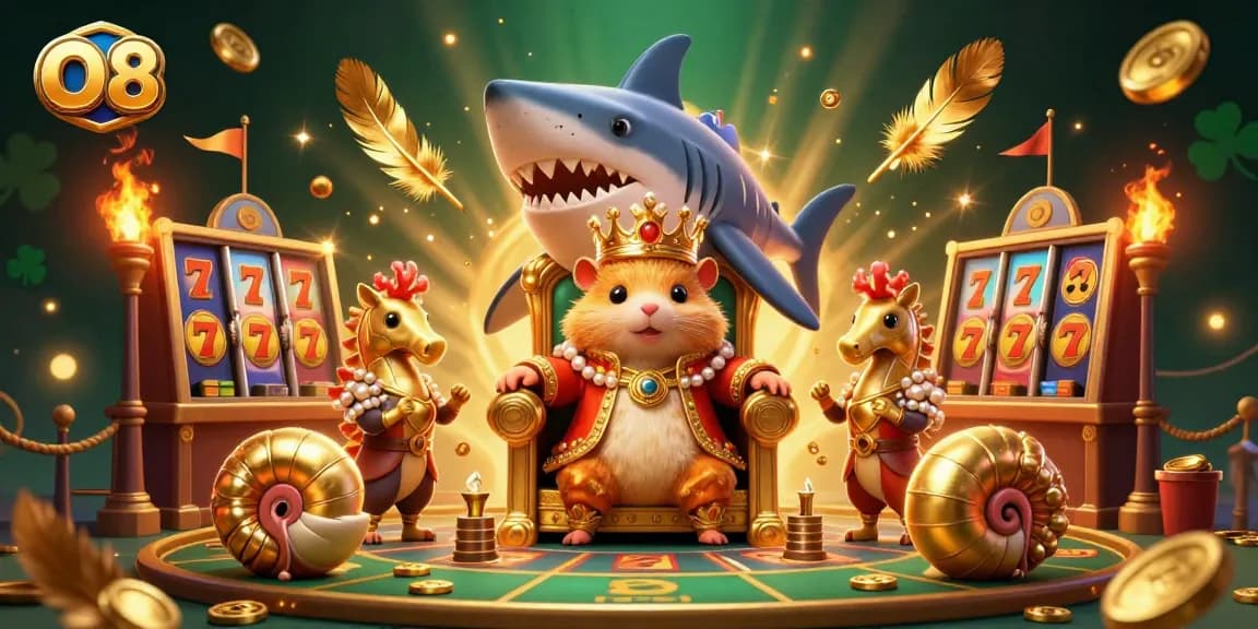 O8's fierce golden hamster king rules the vibrant casino arena with slot machines and gold coins.