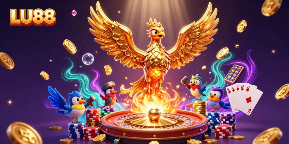 LU88 phoenix rising in a vibrant casino scene, showcasing golden coins and sparkling games.