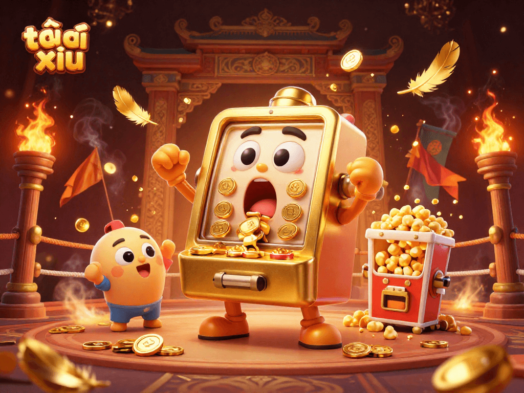 Experience the excitement of tài xỉu with colorful slot machines celebrating a jackpot amidst golden gaming elements.