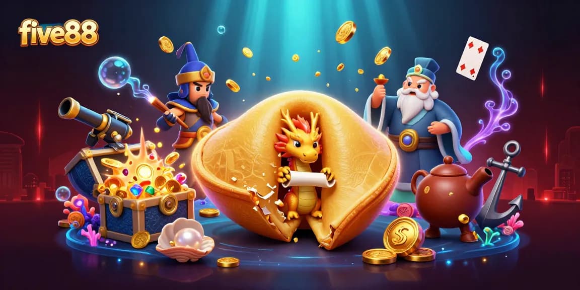 Join the adventure at five88 with a vibrant 3D casino scene showcasing treasures and lively characters.