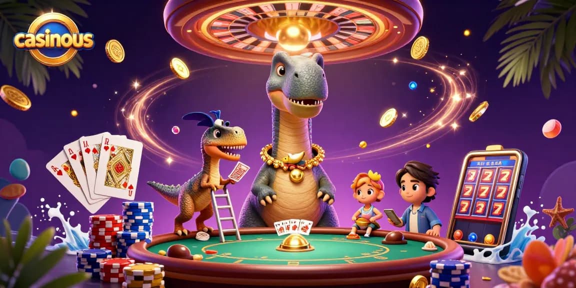 Win big at casinous with a towering brontosaurus overseeing a vibrant mobile casino game scene.