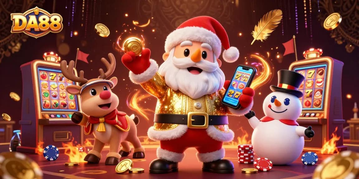 Experience the DA88 thrill with Santa, a reindeer dealer, and poker snowman in a vibrant casino setting.