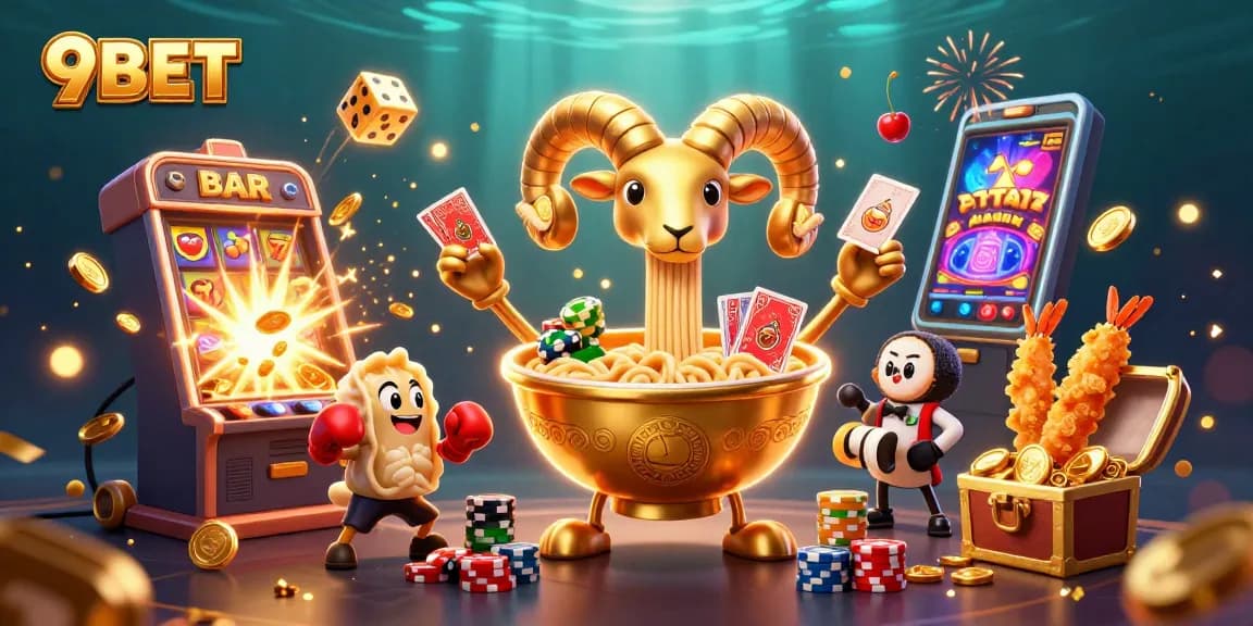 Experience thrills at 9BET with animated characters celebrating a jackpot explosion in a vibrant casino.