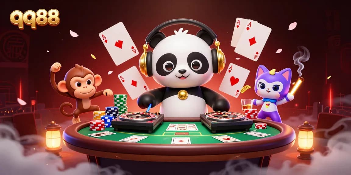 Engage in thrilling gameplay with qq88 as the DJ panda spins and characters celebrate in this vibrant casino scene.