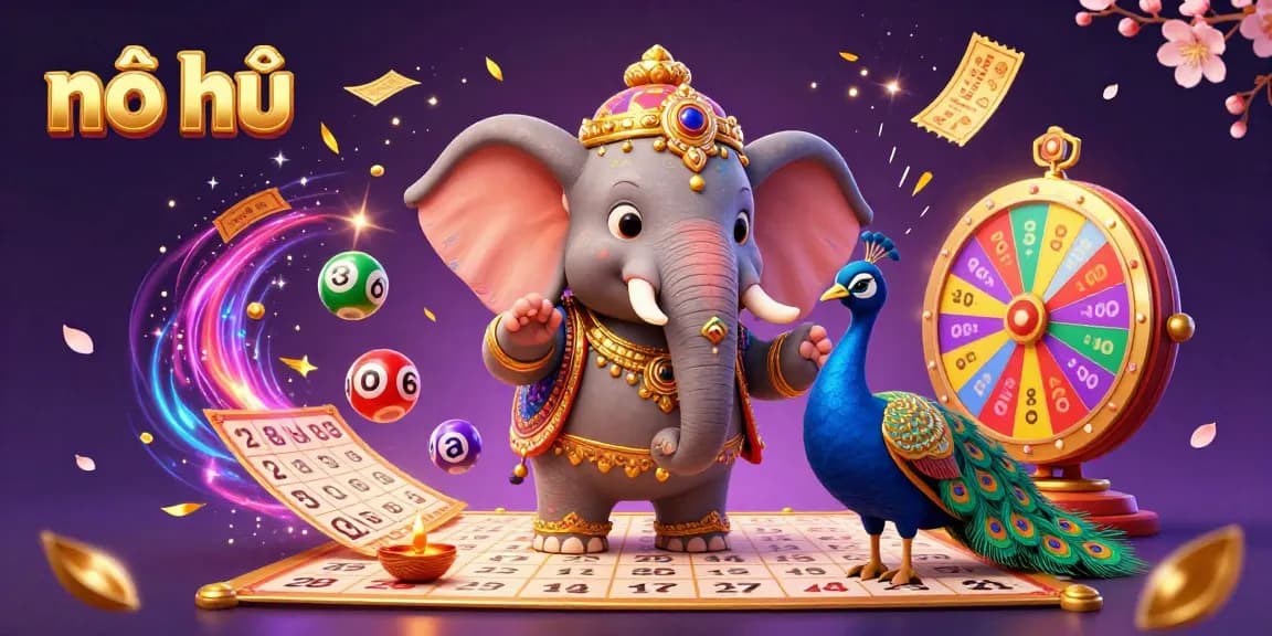 Engage with nổ hũ and colorful lottery balls in a rich casino-themed illustration.