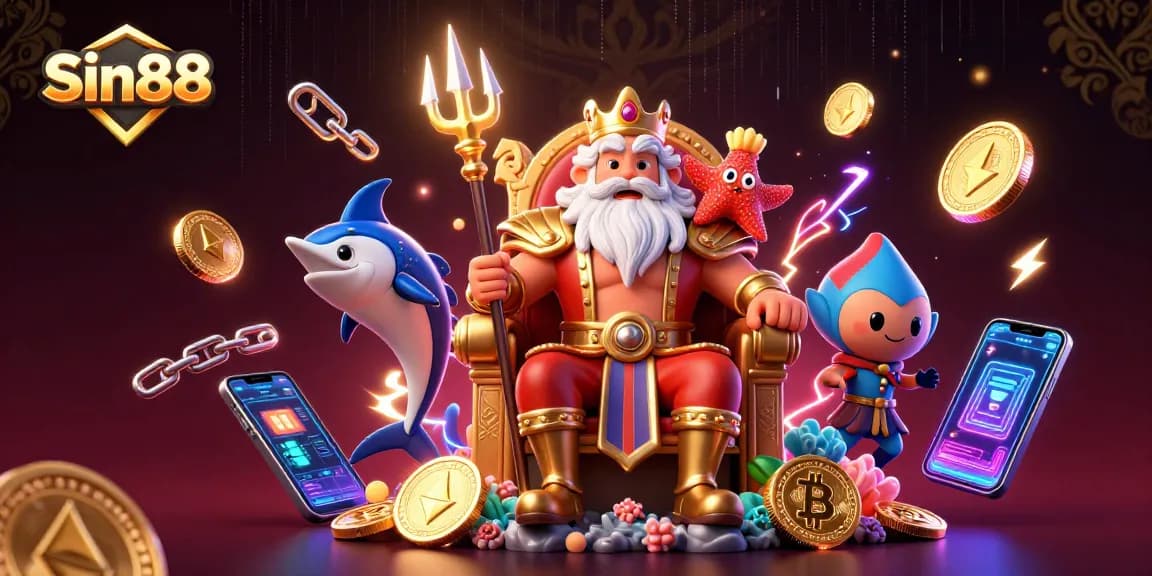 Experience the thrilling world of Sin88 with vibrant casino elements and king Neptune in a dynamic scene.