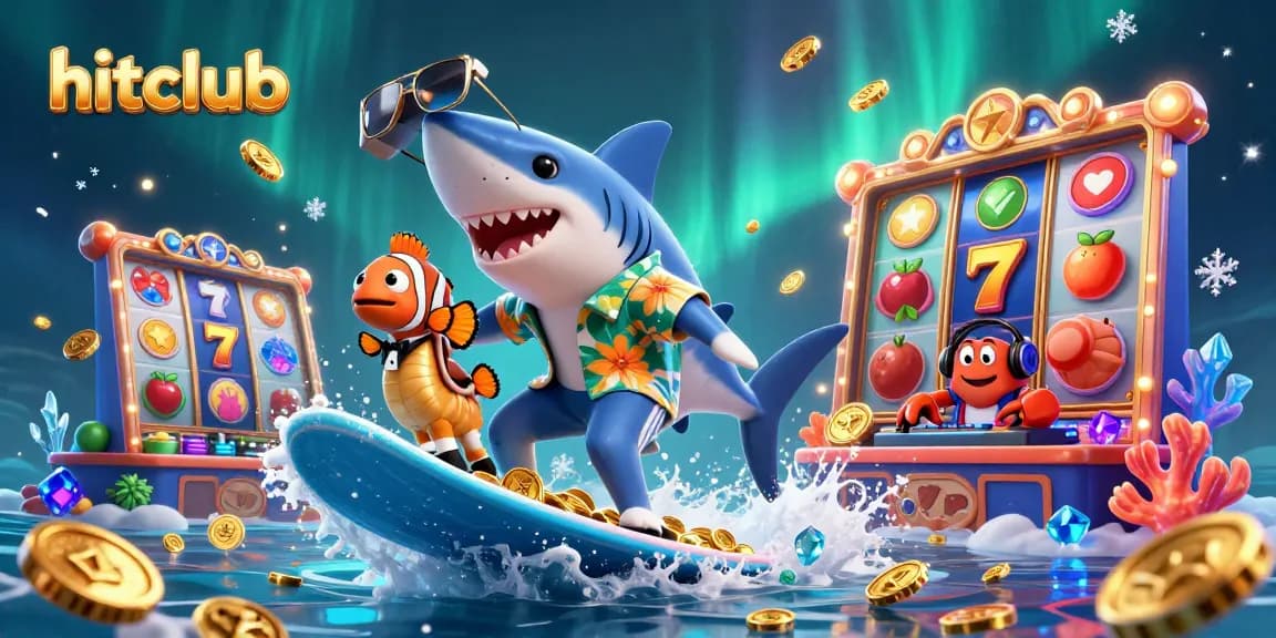 Hitclub showcases a vibrant casino scene with a shark and friends amid gold coins and slot machines.