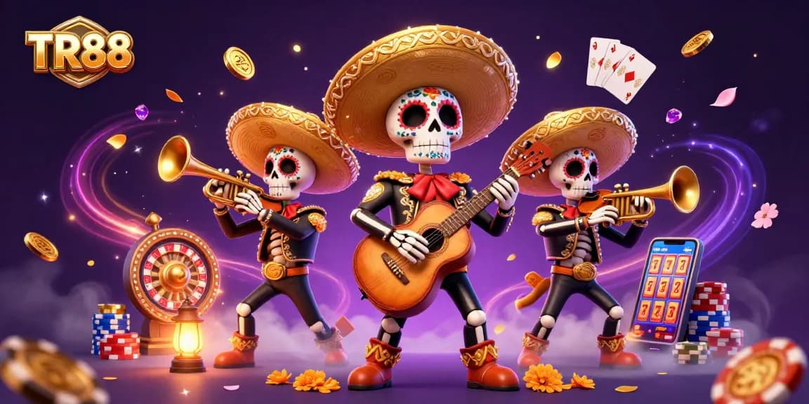 TR88 features a vibrant scene with dynamic skeleton mariachi characters amidst casino elements for an exciting gaming experience.