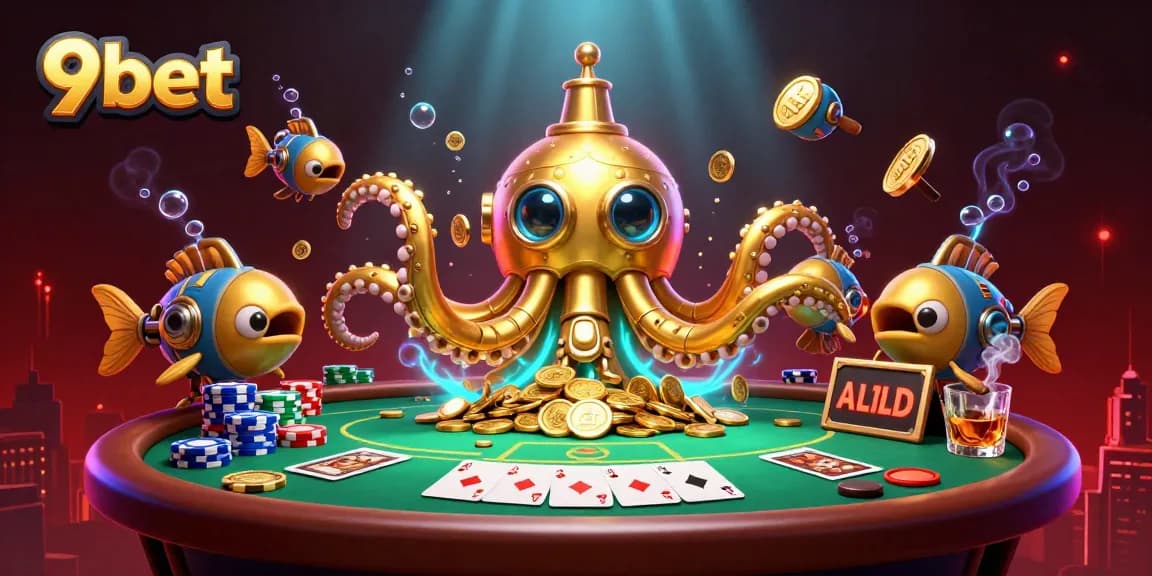 Engage with thrilling poker action at 9bet, showcased through a radiant 3D scene featuring a kraken submarine.
