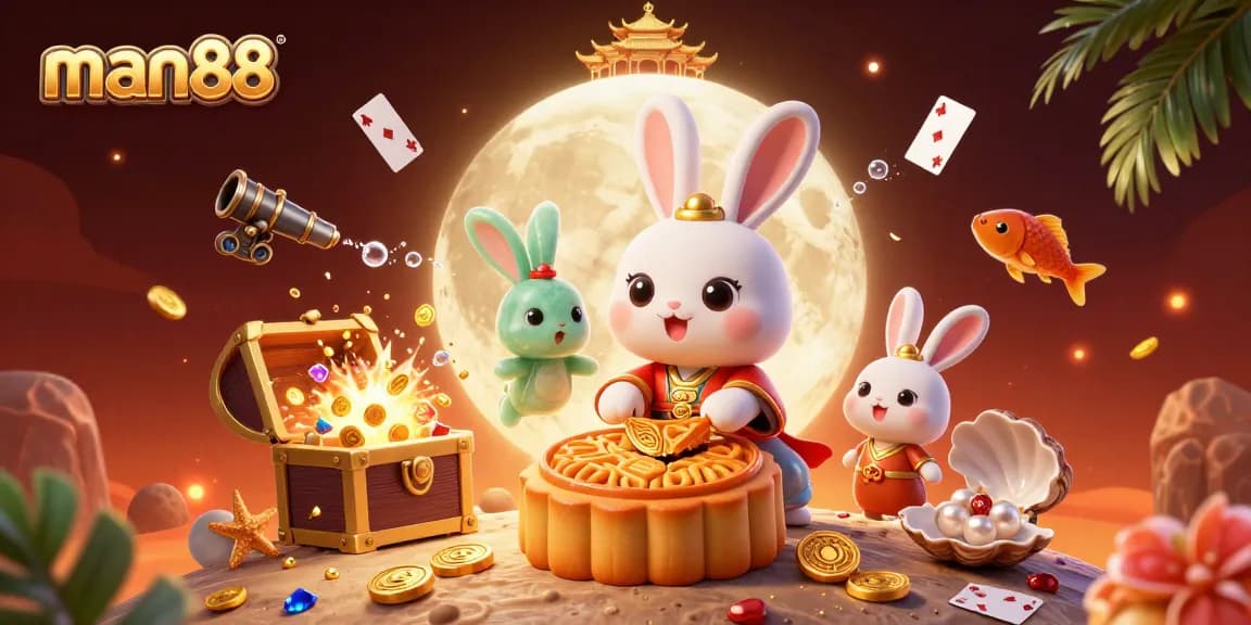 Experience man88 excitement with a playful moon rabbit revealing poker chips in a vibrant casino scene.