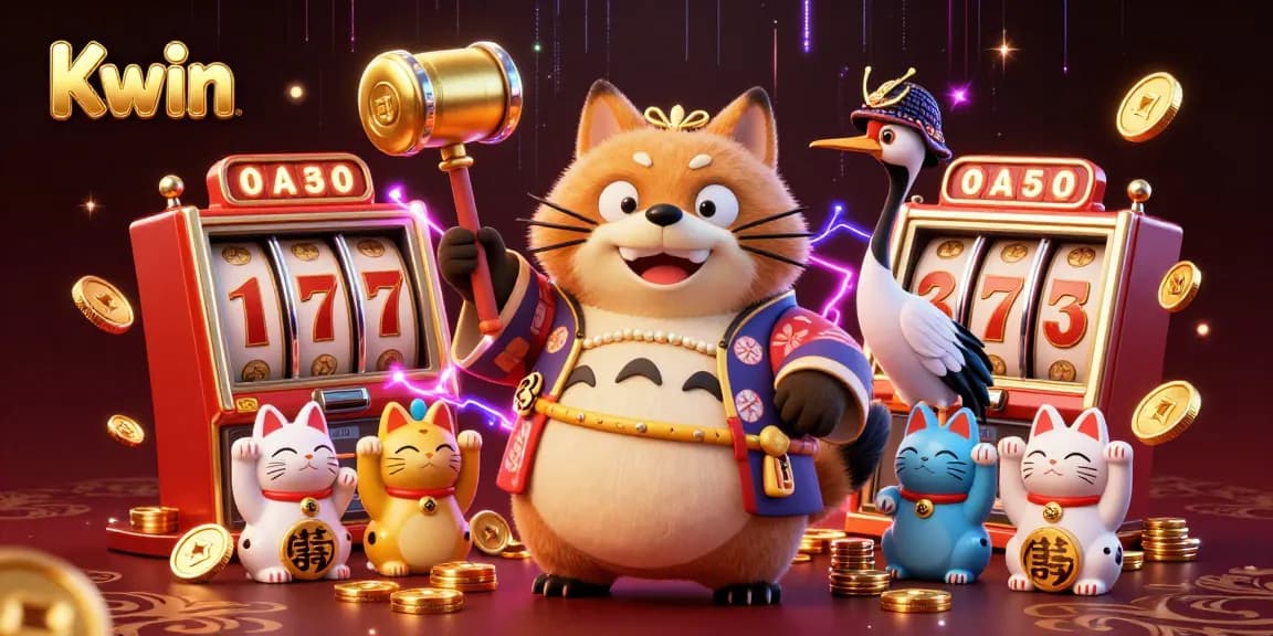 Kwin players engage with vibrant slot games amid animated characters and casino elements.